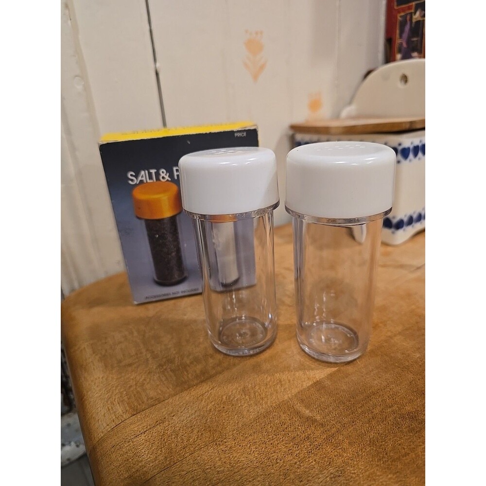 NOS Vintage Hard Clear Plastic Salt & Pepper Shaker Set W.S. White Lids
